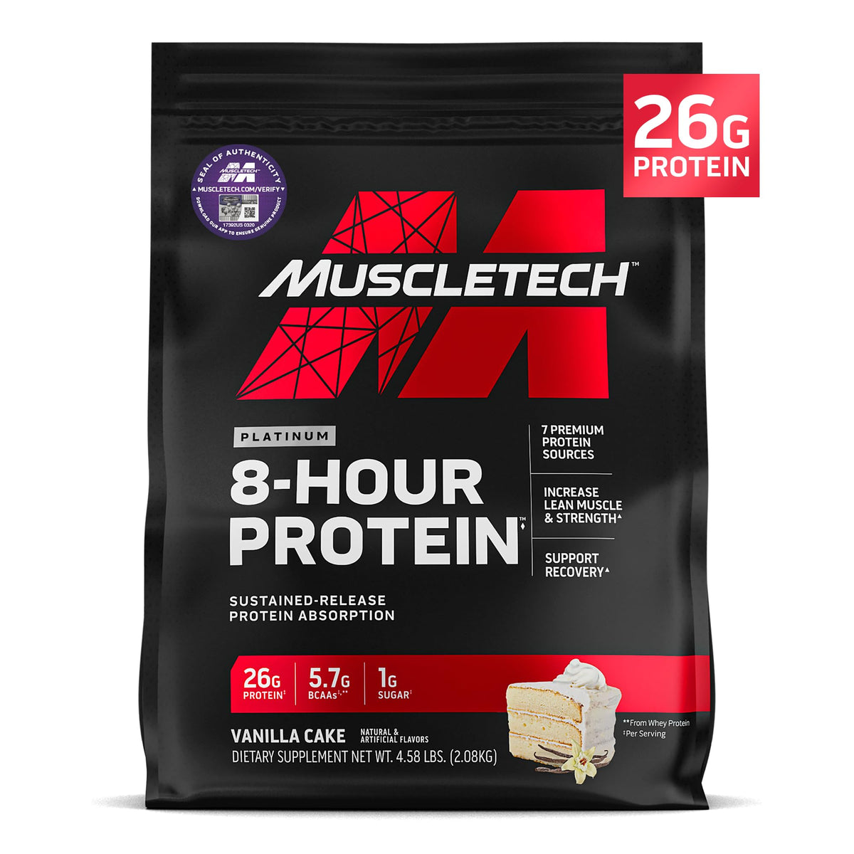 Muscletech Platinum 8-Hour protein scoop showing extended amino delivery for workouts.