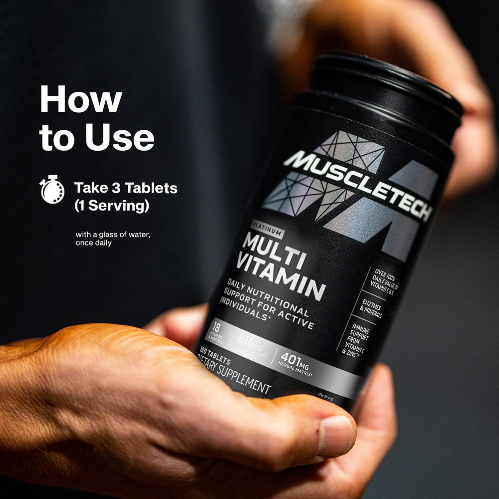 MuscleTech Platinum Multivitamin packaging hints at immune health potential.
