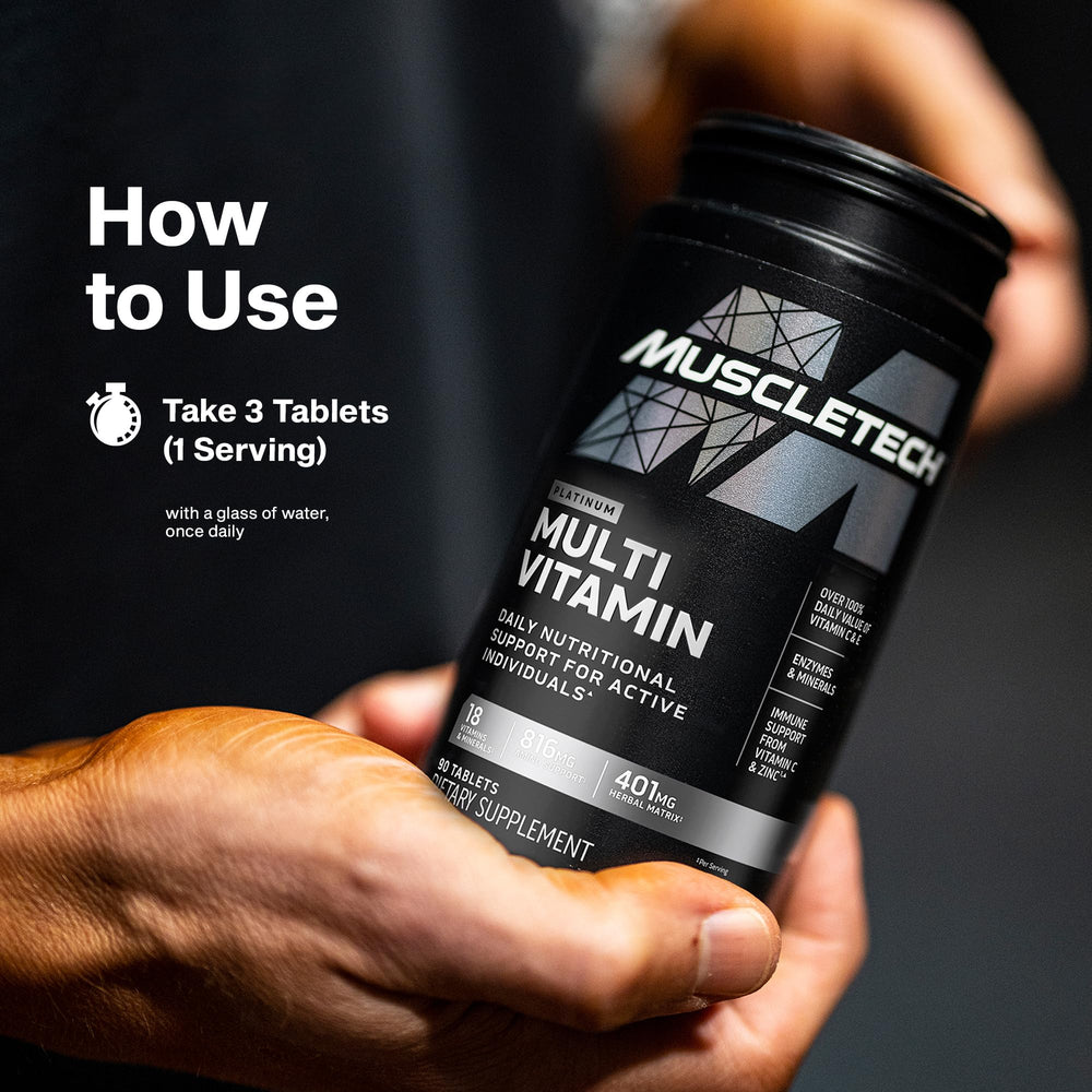 MuscleTech Platinum Multivitamin packaging close-up with 90 capsules