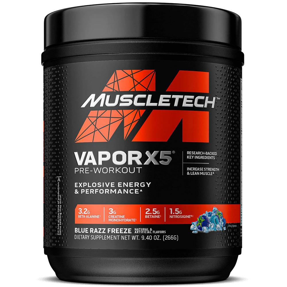 MuscleTech VaporX5 Blue Razz Freeze tub ready for workouts, boosting focus and energy.