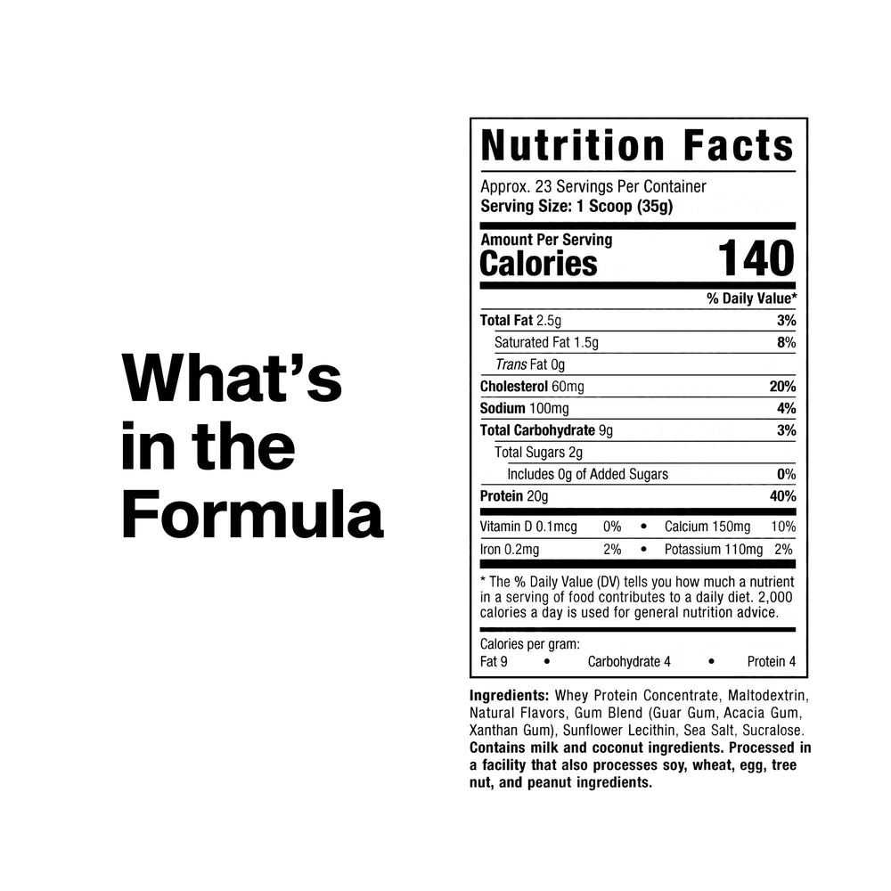 Nutrition label on MuscleTech whey powder highlighting 20g protein per scoop.