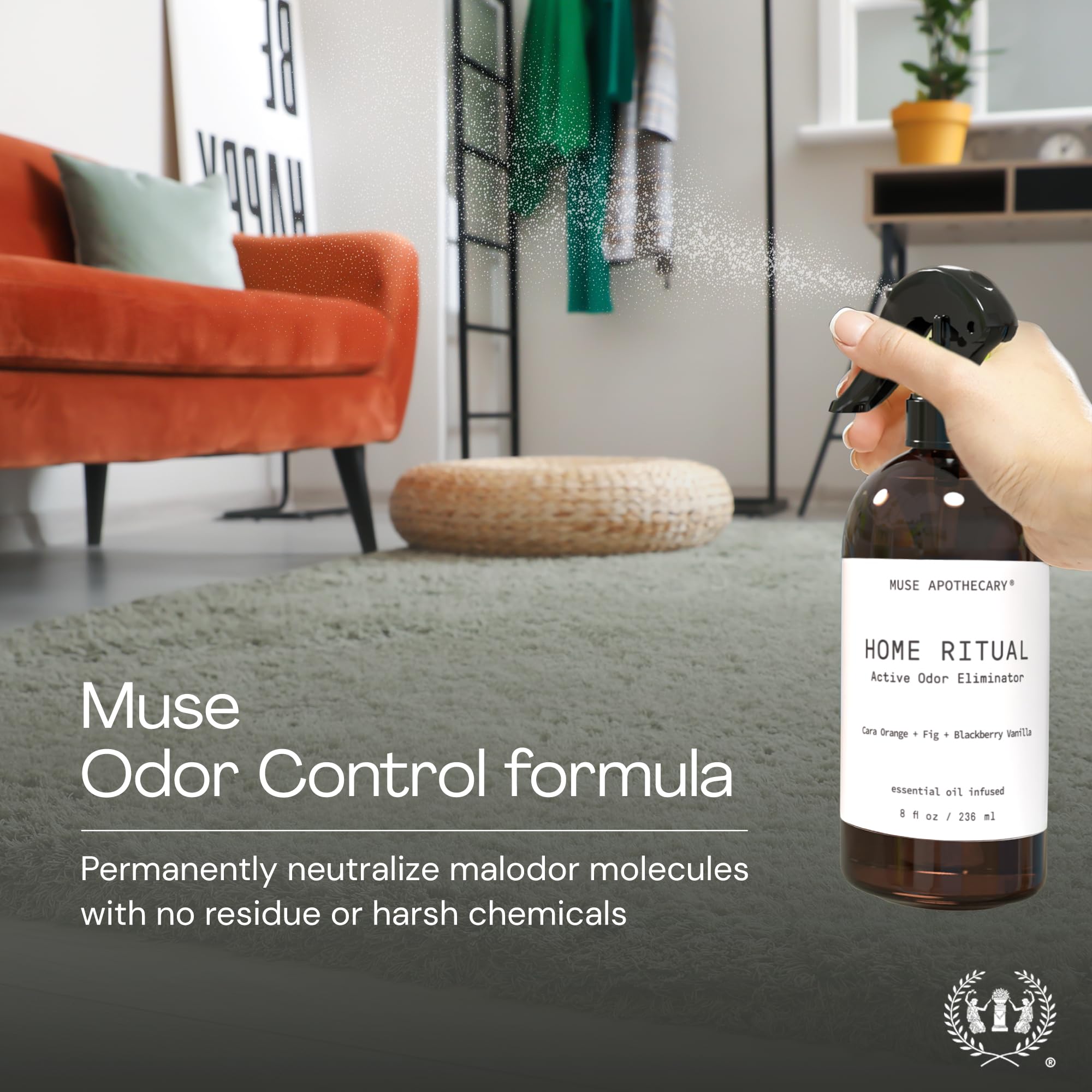Muse Apothecary room freshening spray close-up demonstrates odor neutralization.