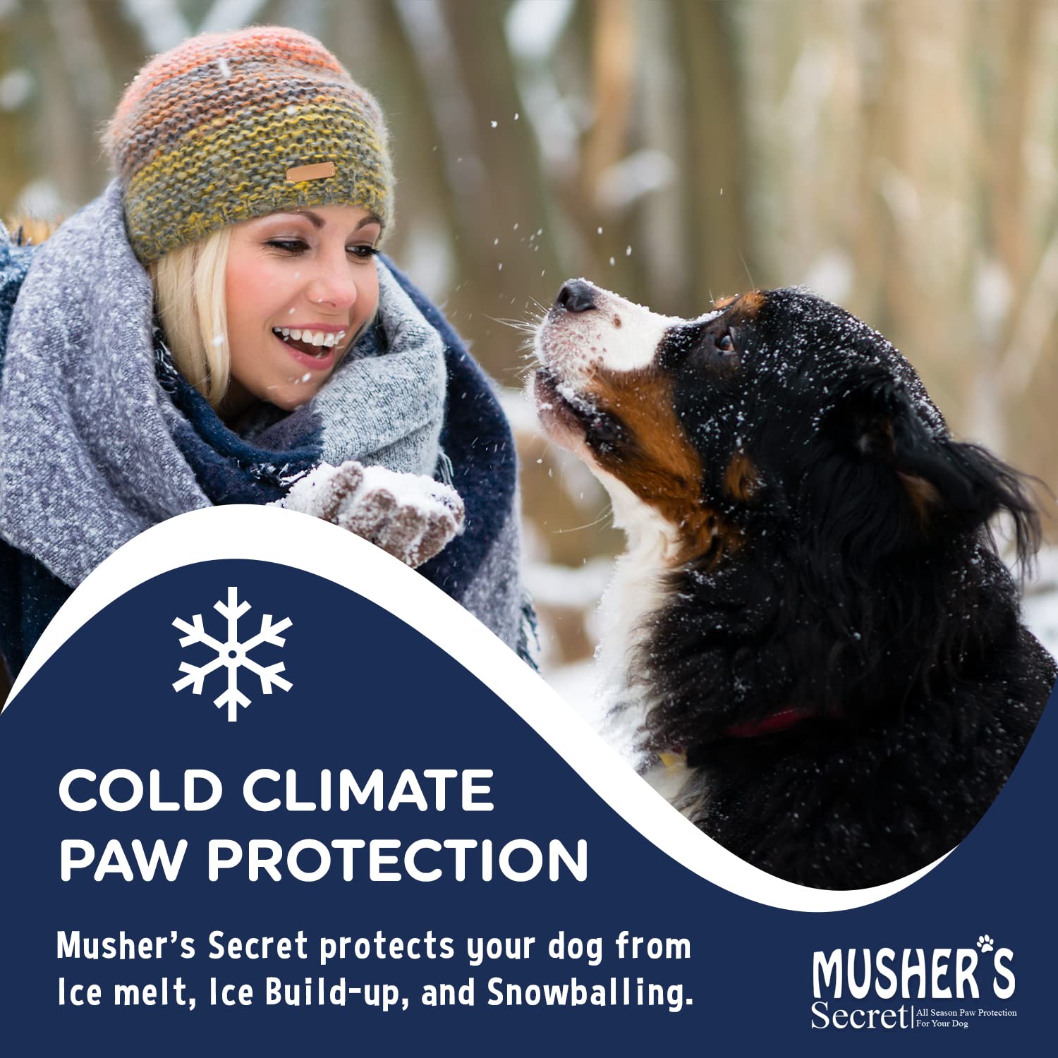 Applying Musher's Secret paw wax on a dog's paw to seal in moisture.