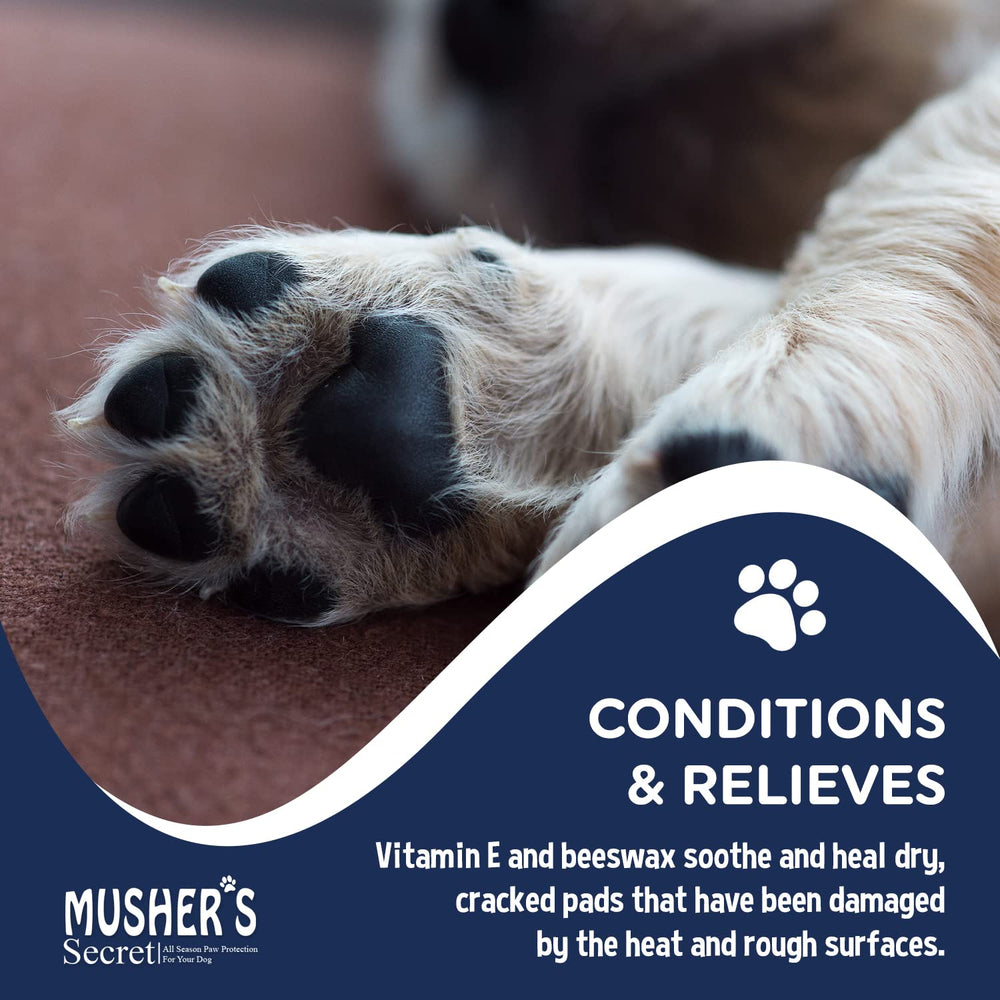 Hot pavement use of Musher's Secret paw wax protects paws on sunny days.