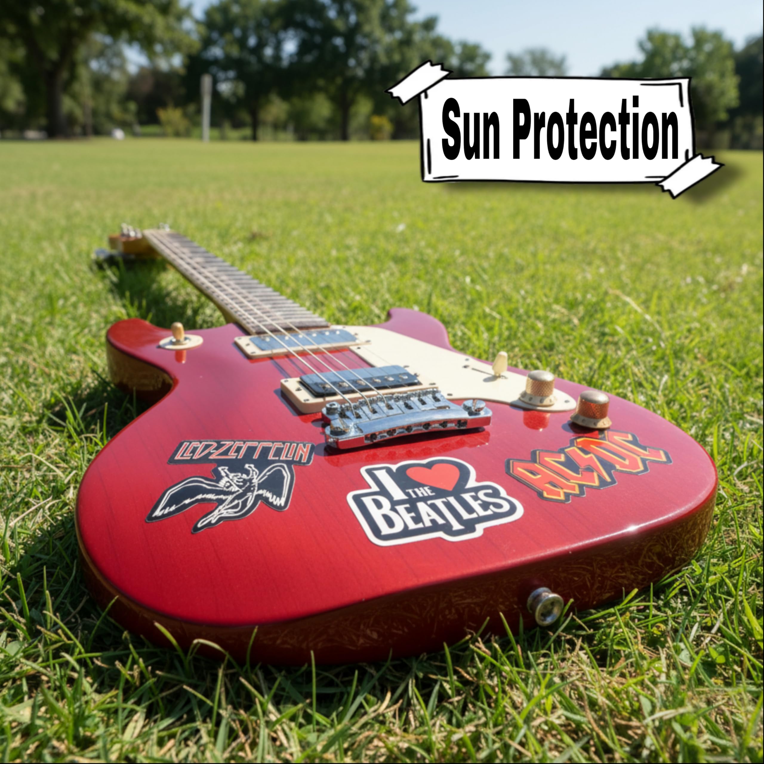 Mushi scratch-resistant decals on a guitar celebrate rock aesthetics.