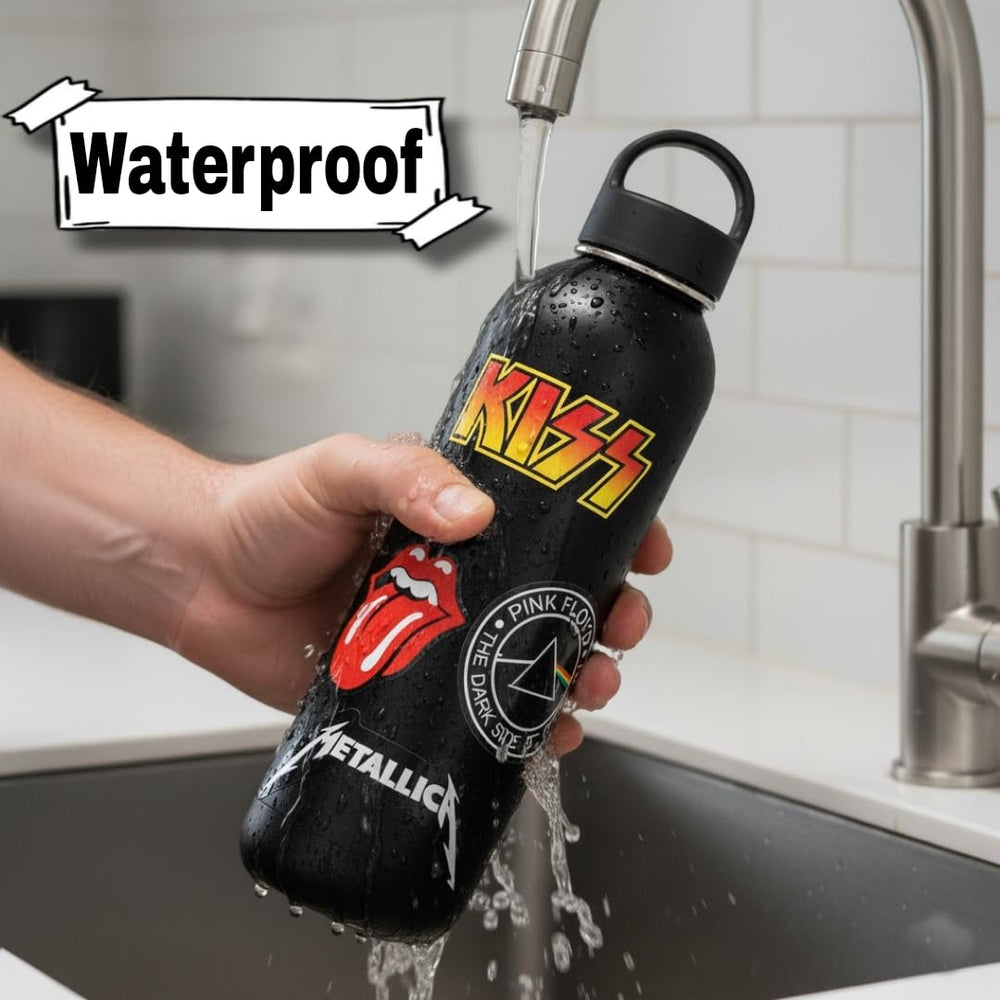 Mushi waterproof vinyl stickers on a water bottle for long-lasting color.
