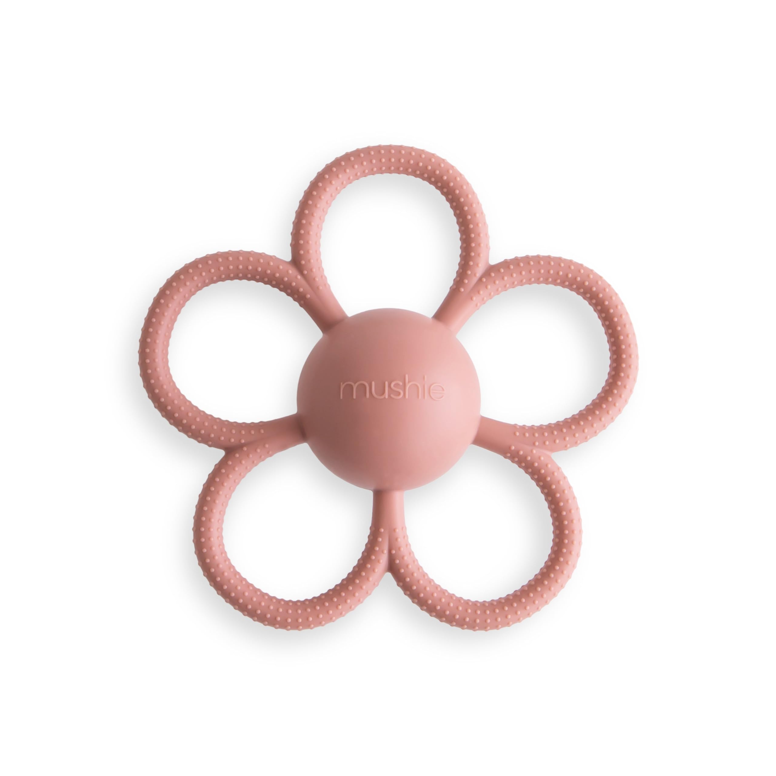 Mushie Daisy Rattle Teether in Dusty Rose with built-in rattle for sensory play.
