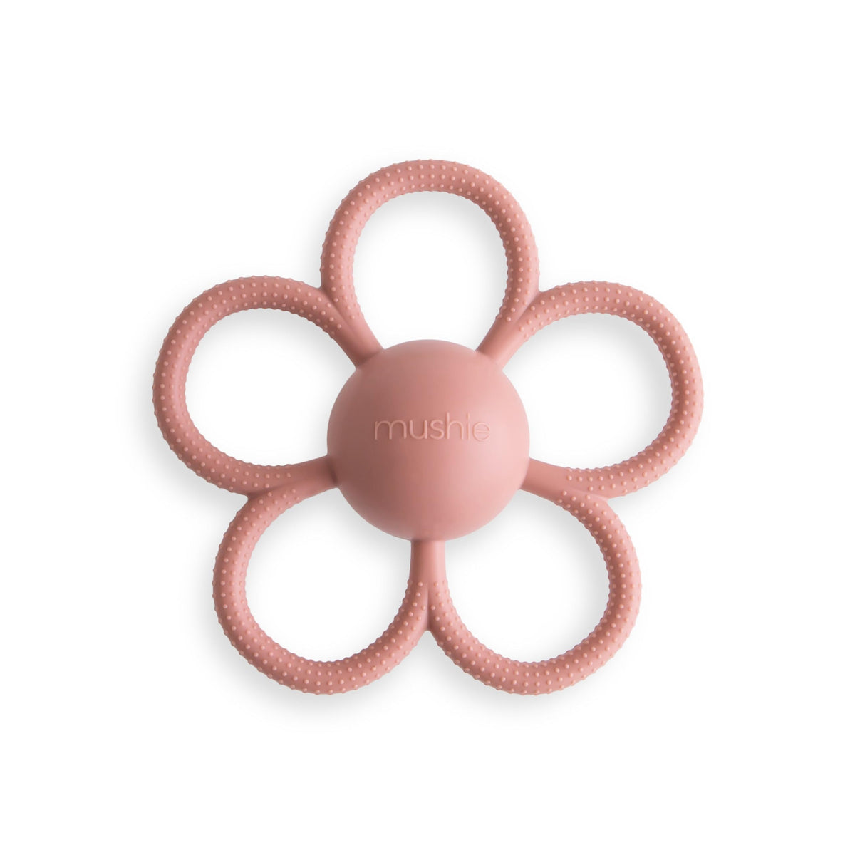 Mushie Daisy Rattle Teether in Dusty Rose with built-in rattle for sensory play.