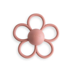 Mushie Daisy Rattle Teether in Dusty Rose with built-in rattle for sensory play.