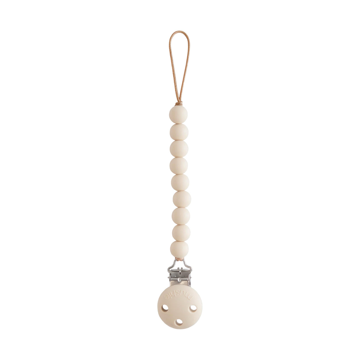 Mushie Hera pacifier clip packaging for easy gifting and travel-ready organization.
