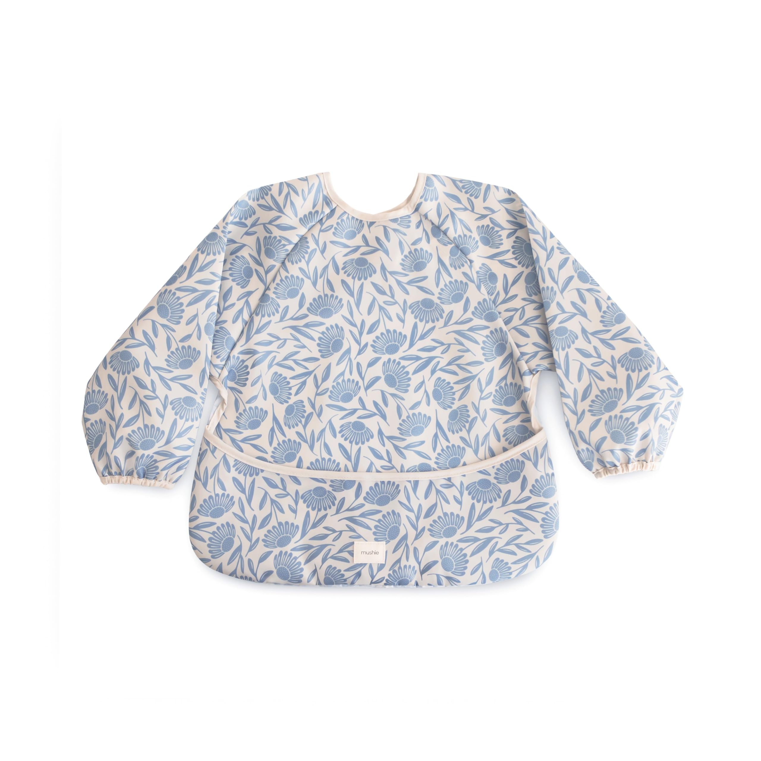 Mushie long sleeve bib blue flowers front view showing protective coverage during meals