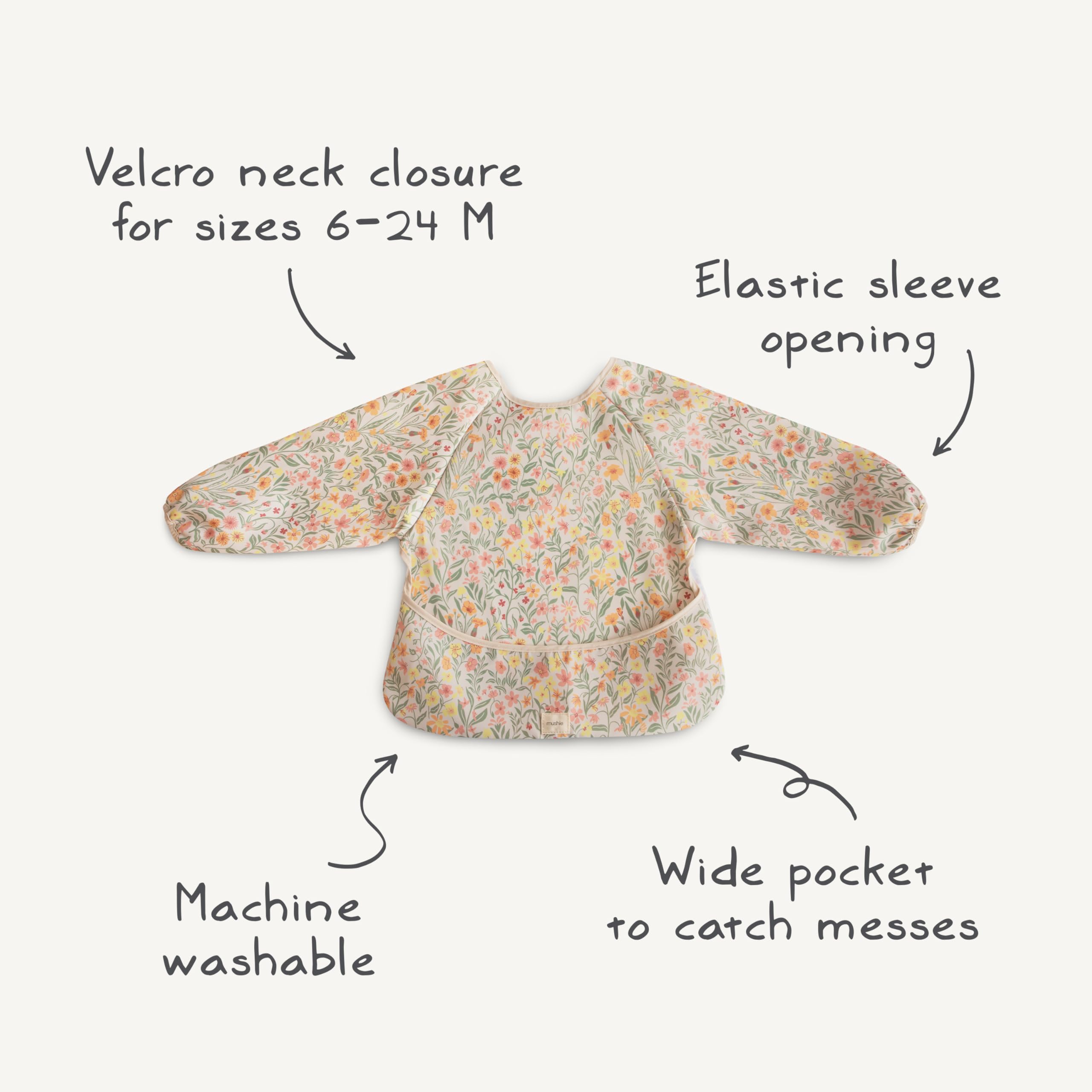 Mushie long sleeve bib olive check size range 6-24 months for growing toddlers.