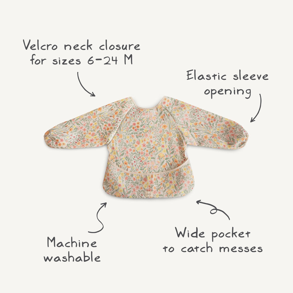 Mushie long sleeve bib olive check size range 6-24 months for growing toddlers.