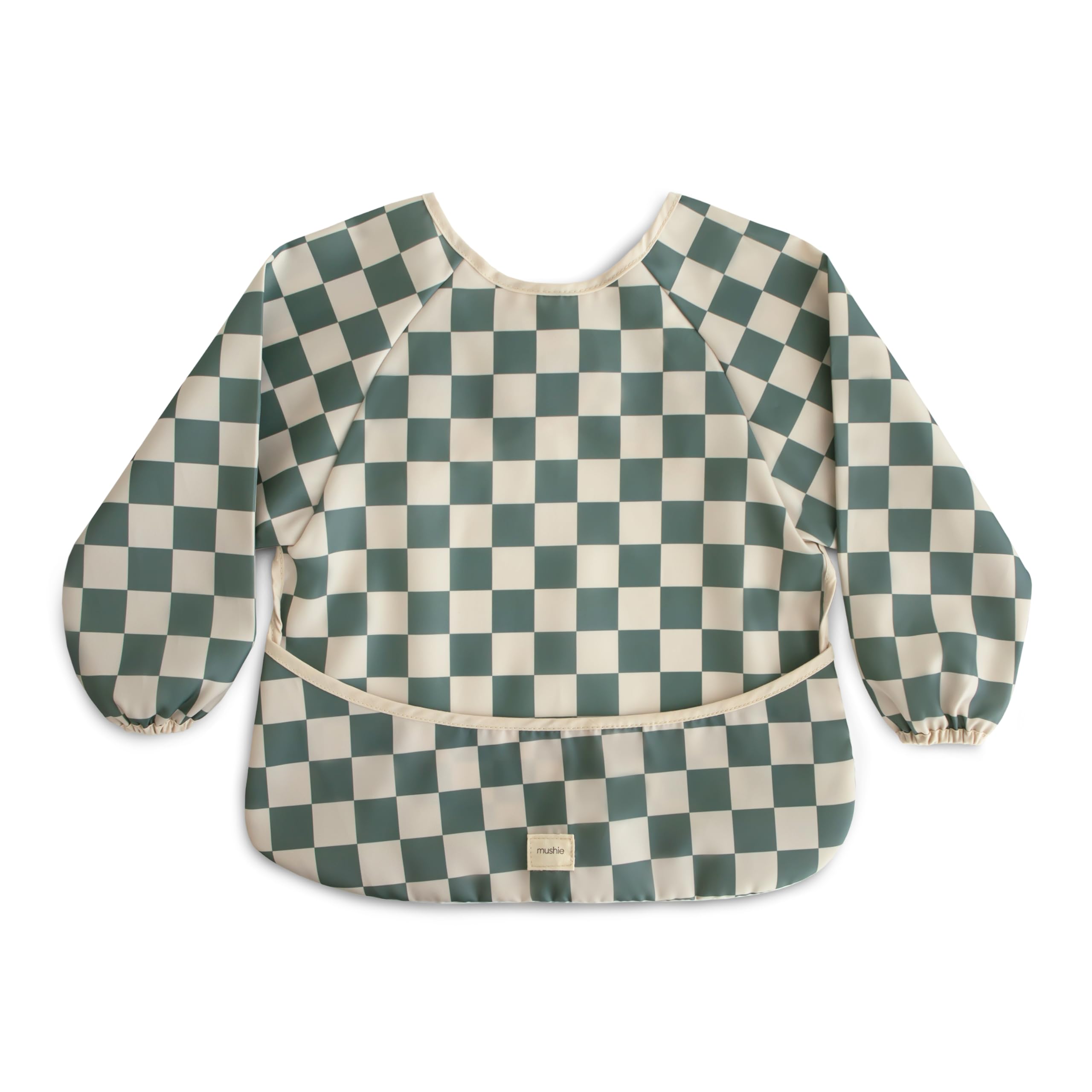 Mushie long sleeve bib olive check front view offers full coverage to protect outfits.