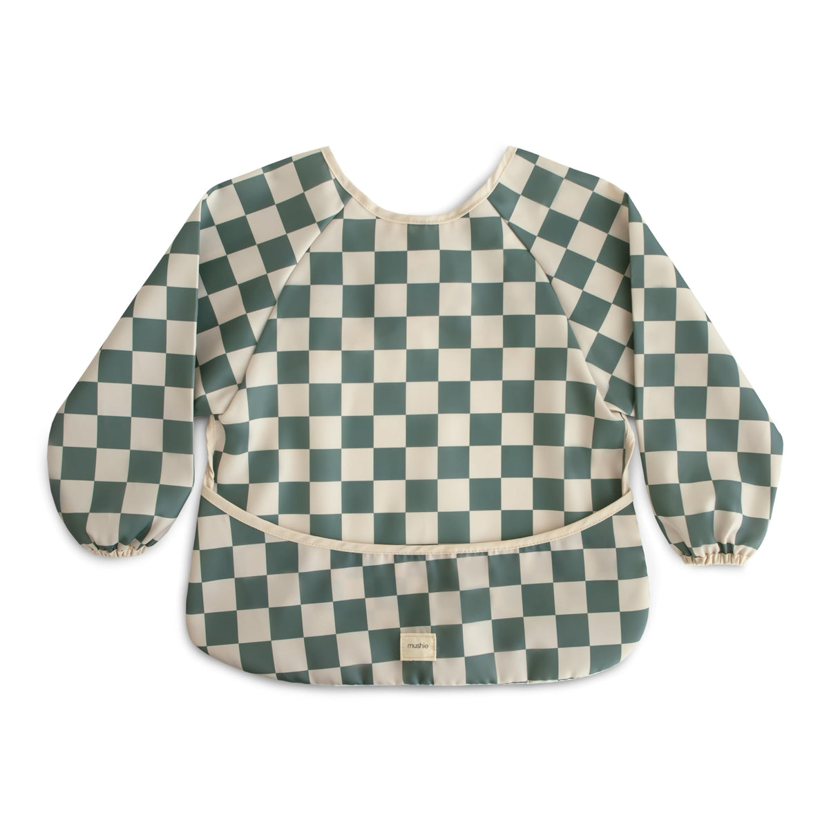 Mushie long sleeve bib olive check front view offers full coverage to protect outfits.