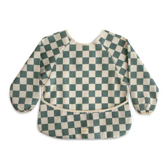 Mushie long sleeve bib olive check front view offers full coverage to protect outfits.