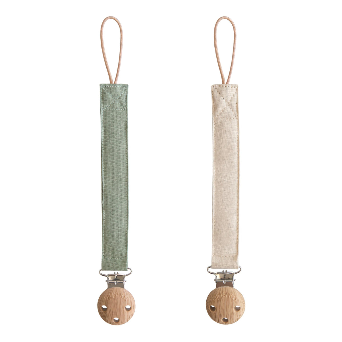 Mushie olive linen pacifier clip with soft fabric and secure clasp
