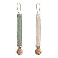 Mushie olive linen pacifier clip with soft fabric and secure clasp