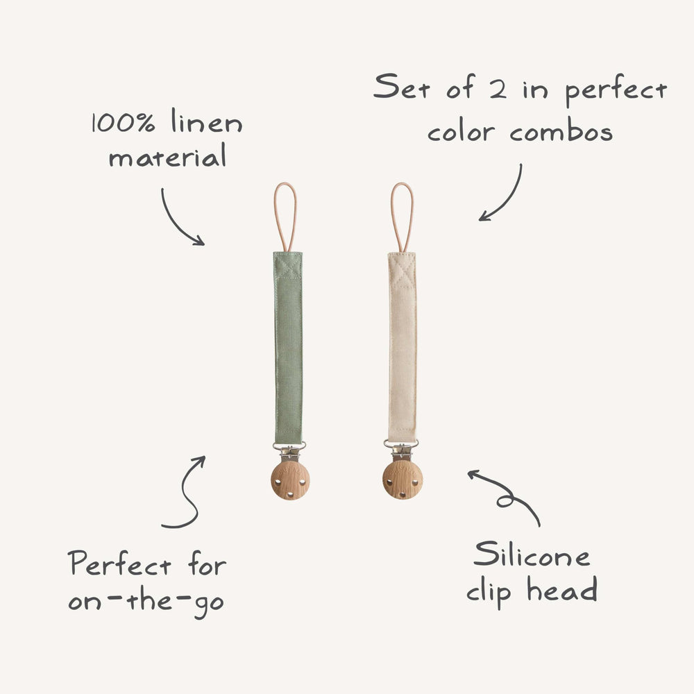 Mushie linen pacifier clip designed for calm, everyday practicality