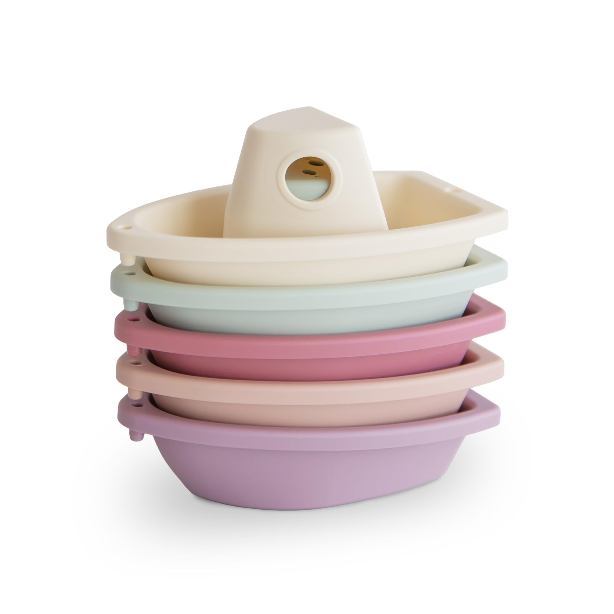 Mushie Stackable Bath Boats Petal set forms a floating train for imaginative bath play.