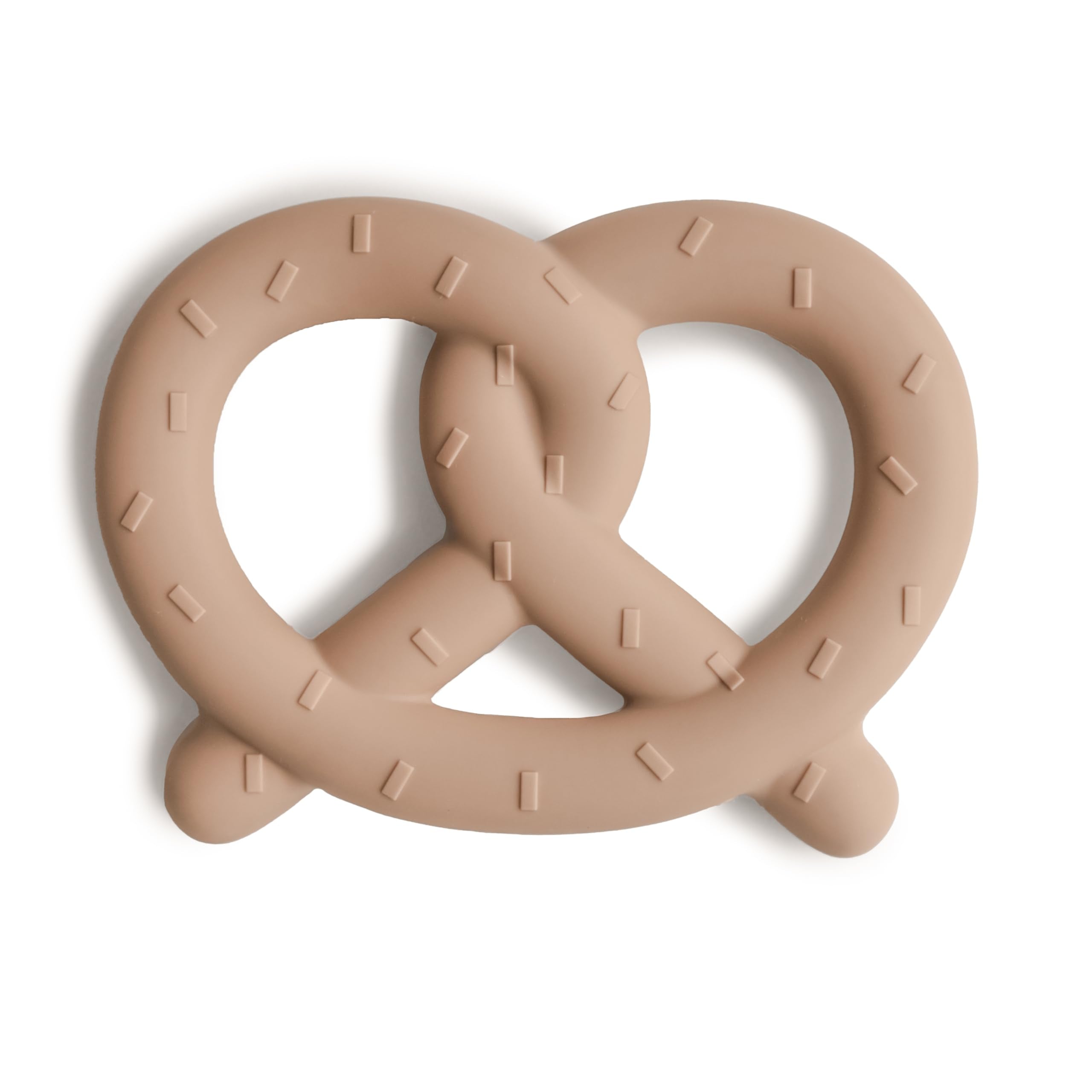 Mushie Pretzel teether front view shows soft silicone for soothing gums