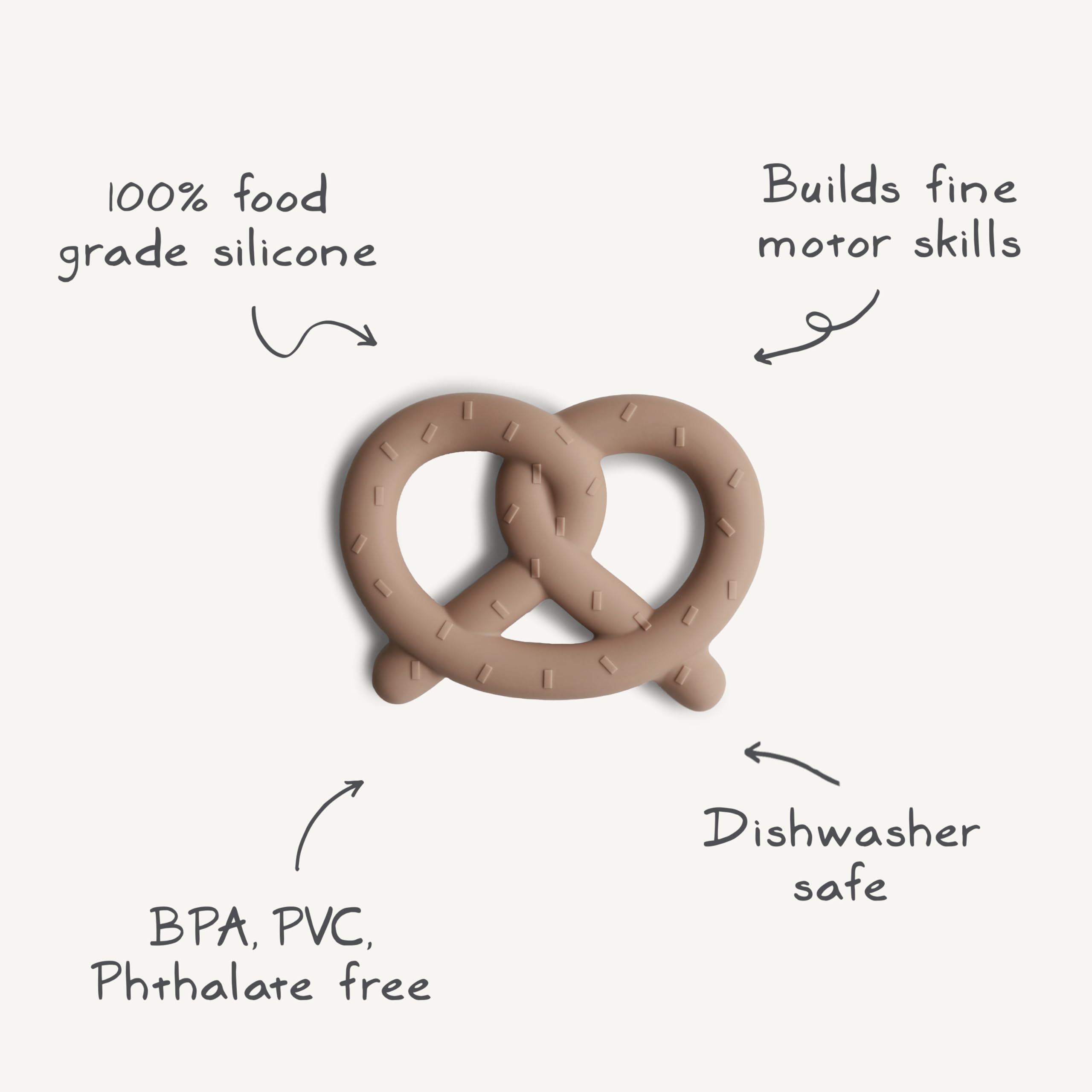Mushie Pretzel teether side view highlights easy grasp for tiny hands