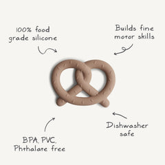Mushie Pretzel teether side view highlights easy grasp for tiny hands