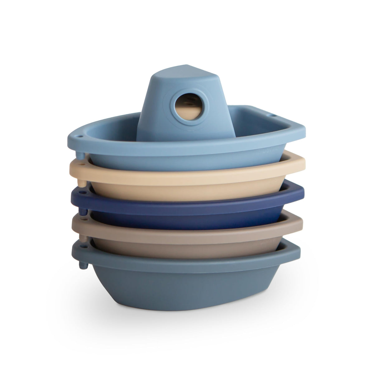 Mushie Stackable Bath Boats Ocean set forming a floating train for bath time fun