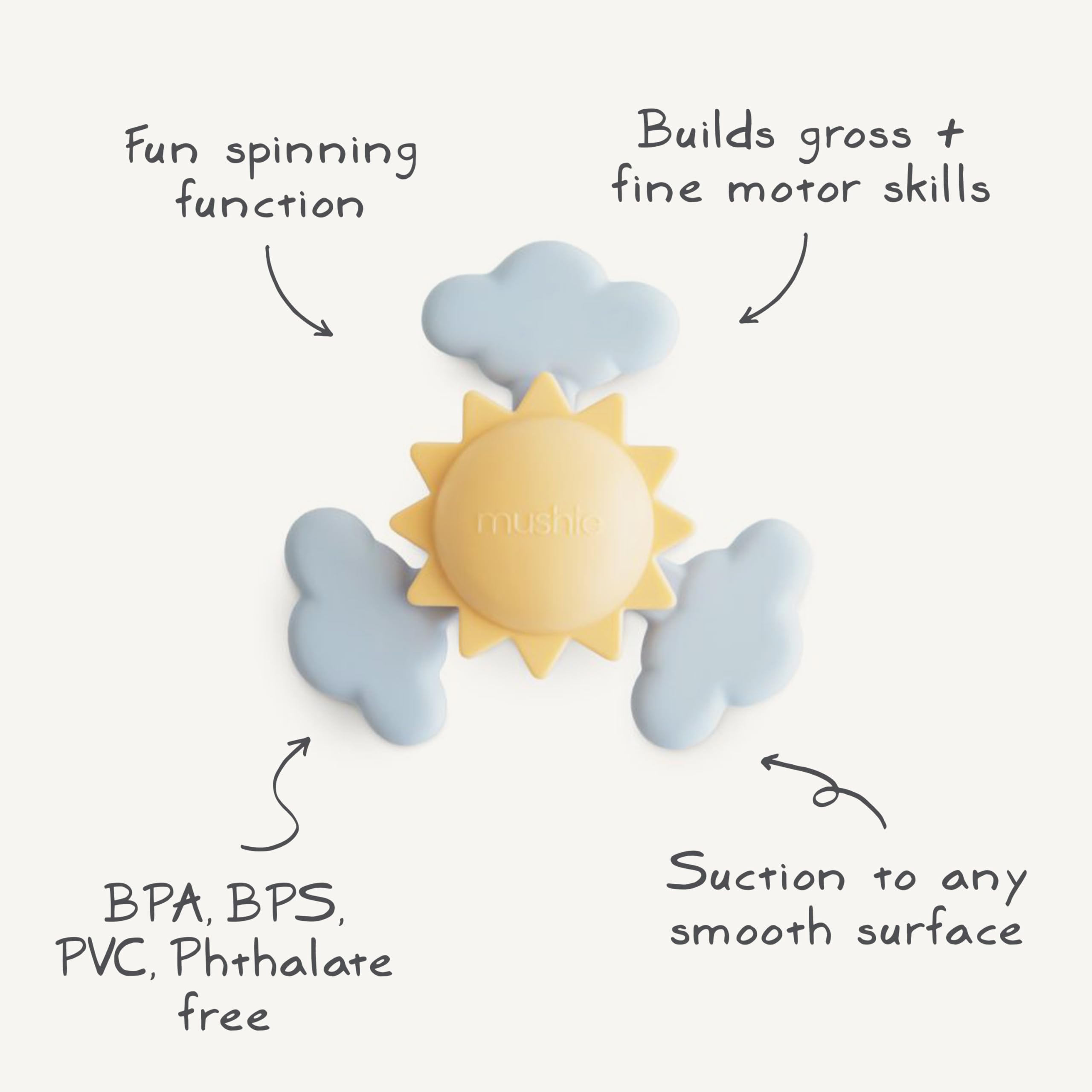 Mushie Sunshine Suction Spinner Toy is easy to care for with warm water and mild soap.