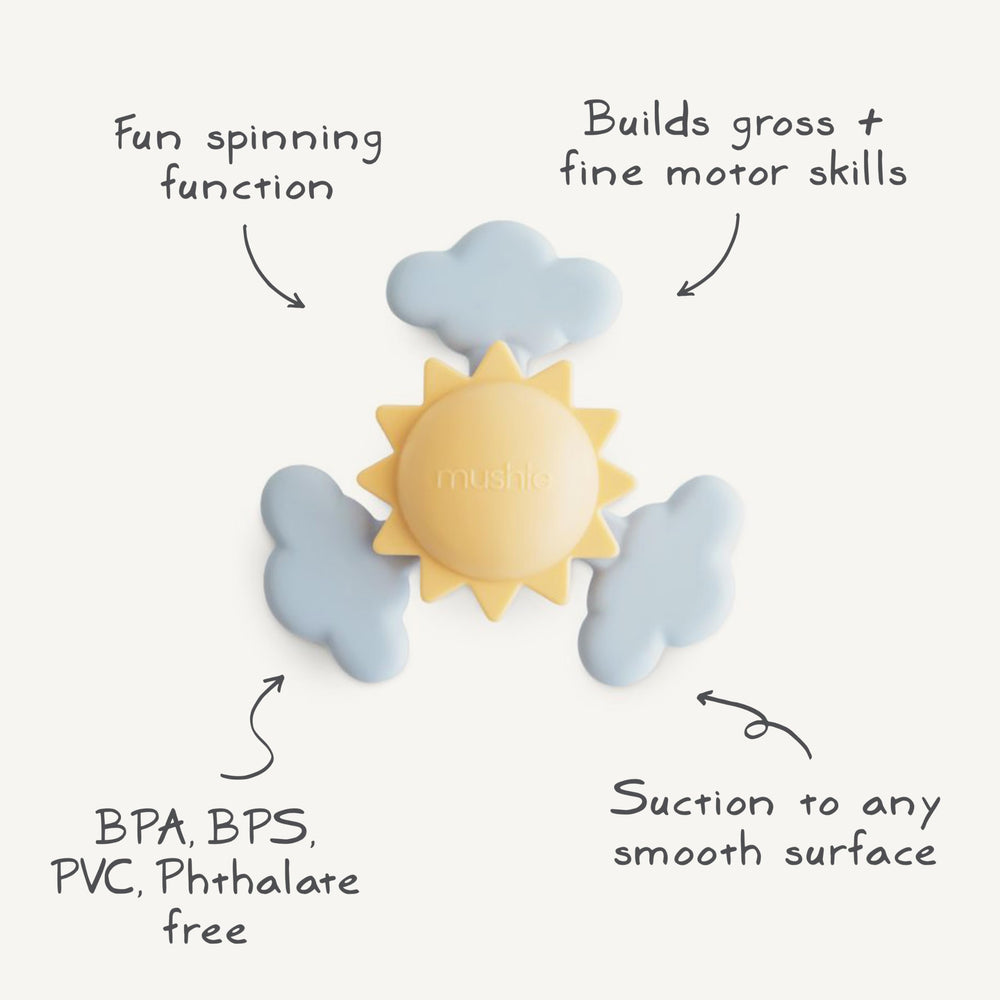 Mushie Sunshine Suction Spinner Toy is easy to care for with warm water and mild soap.