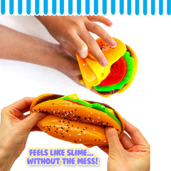 Close-up of stretchy cheese layer on MushMeez Taba Squishy burger