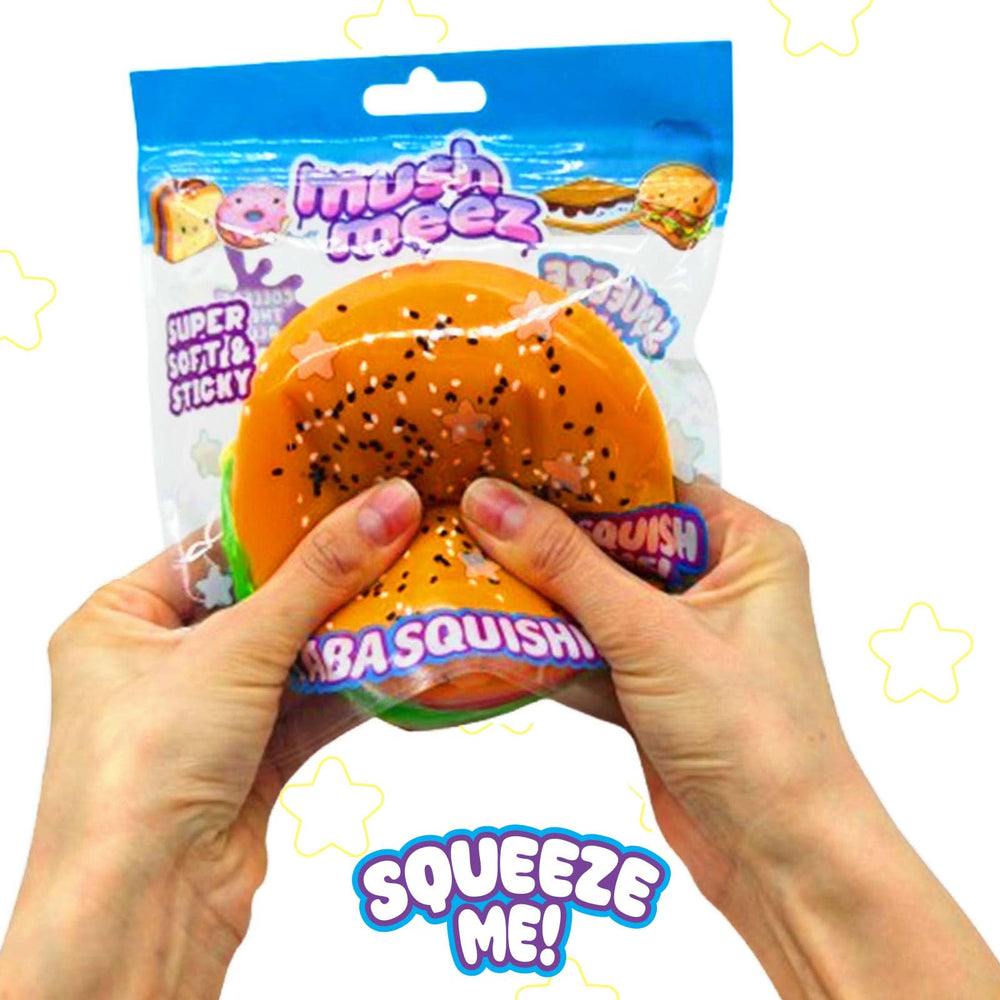 Peel-apart layer demonstration on MushMeez Taba Squishy burger