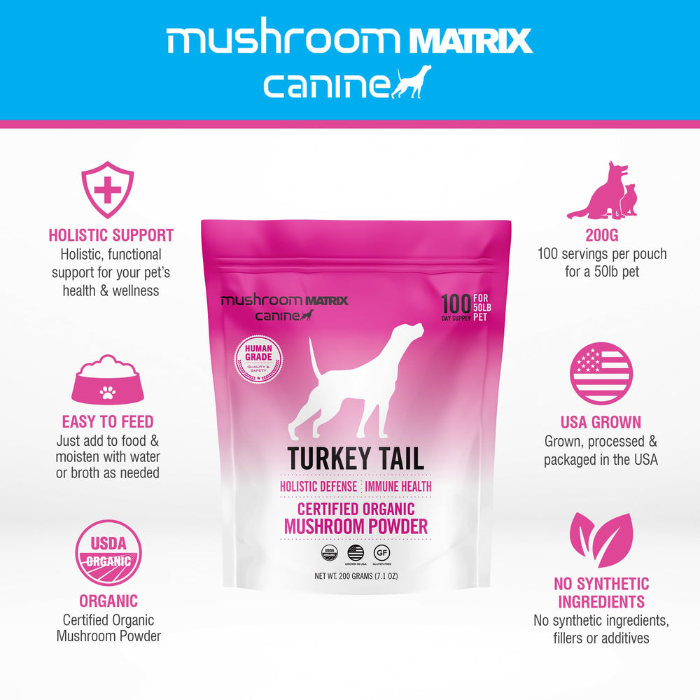 Mushroom Matrix Turkey Tail powder shown mixed into pet food for holistic well-being.