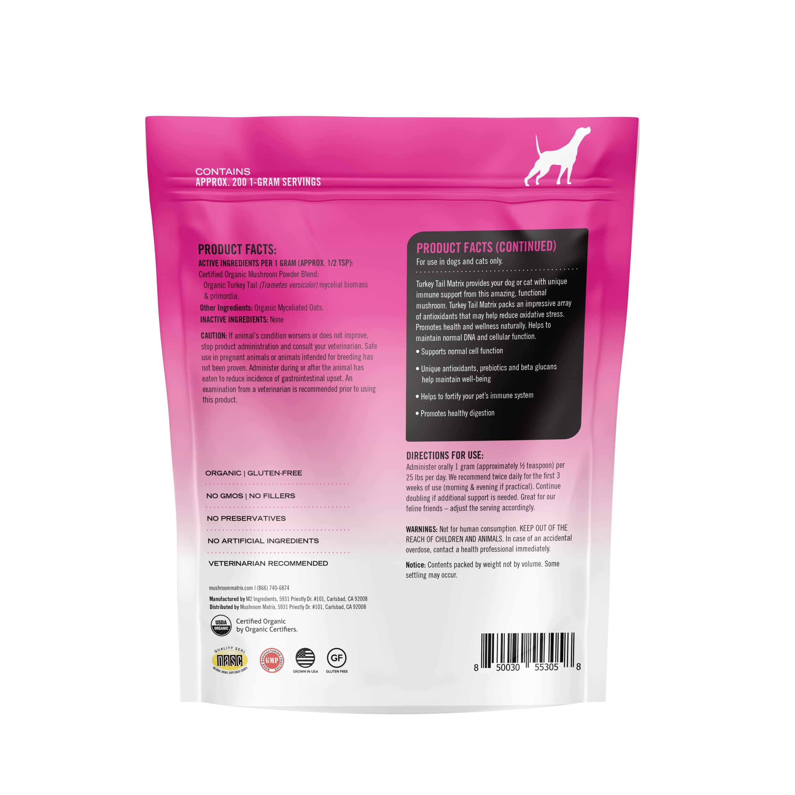 Mushroom Matrix Turkey Tail powder with a scoop for easy pet dosing.