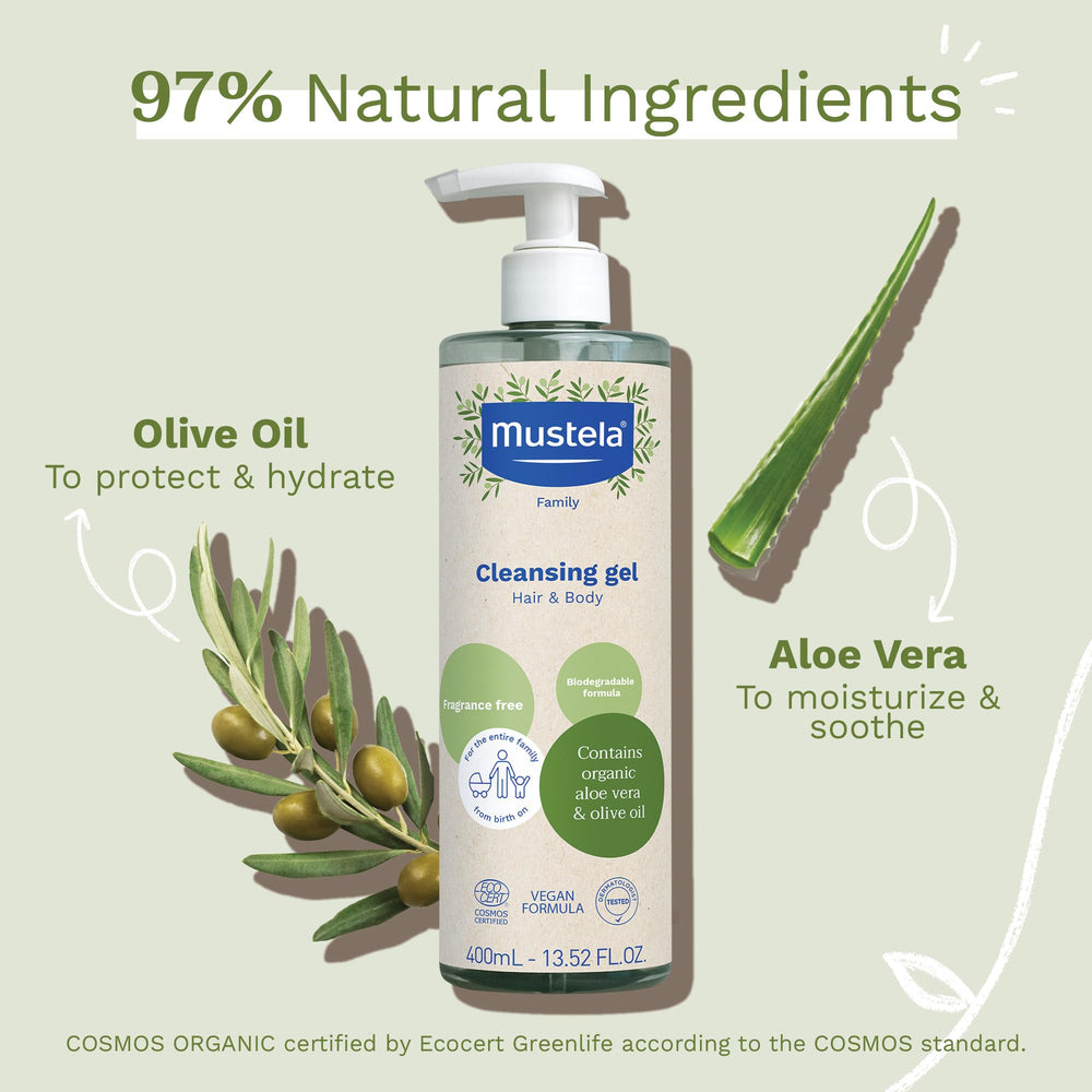 Mustela Aloe Vera application image emphasizes soothing hydration.