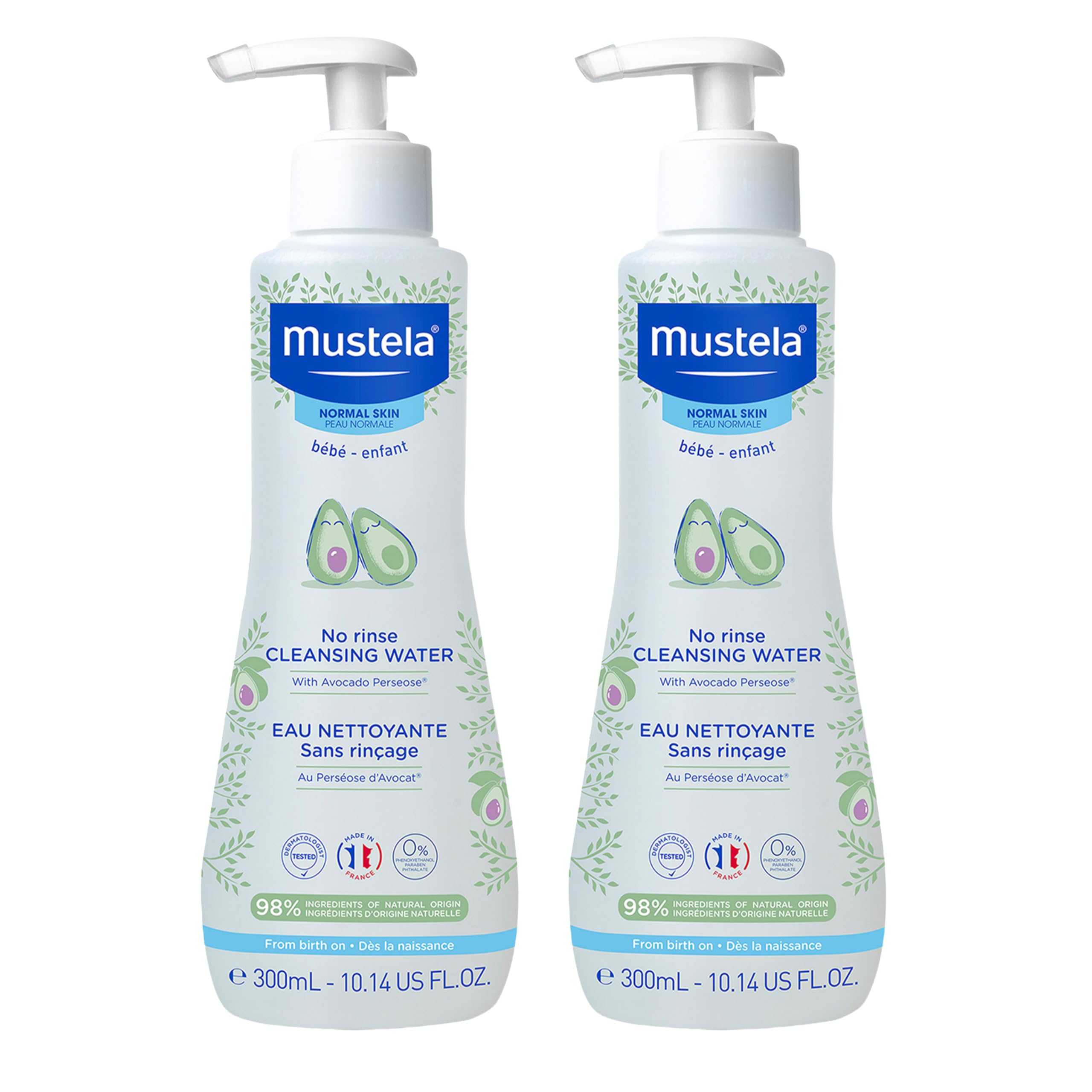 Mustela Baby Cleansing Water bottle for no-rinse cleansing of delicate skin.