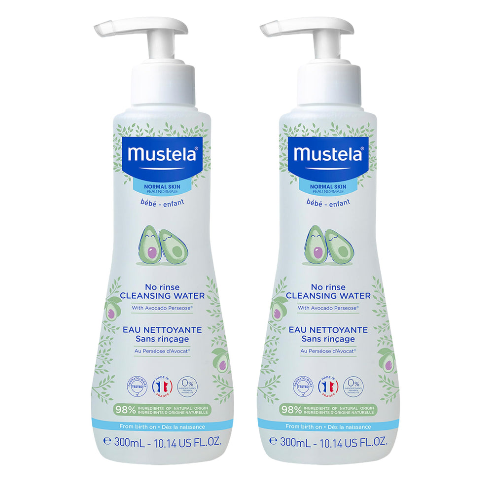 Mustela Baby Cleansing Water bottle for no-rinse cleansing of delicate skin.