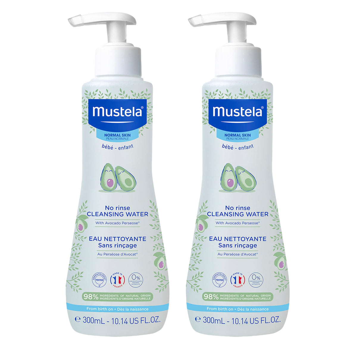 Mustela Baby Cleansing Water bottle for no-rinse cleansing of delicate skin.