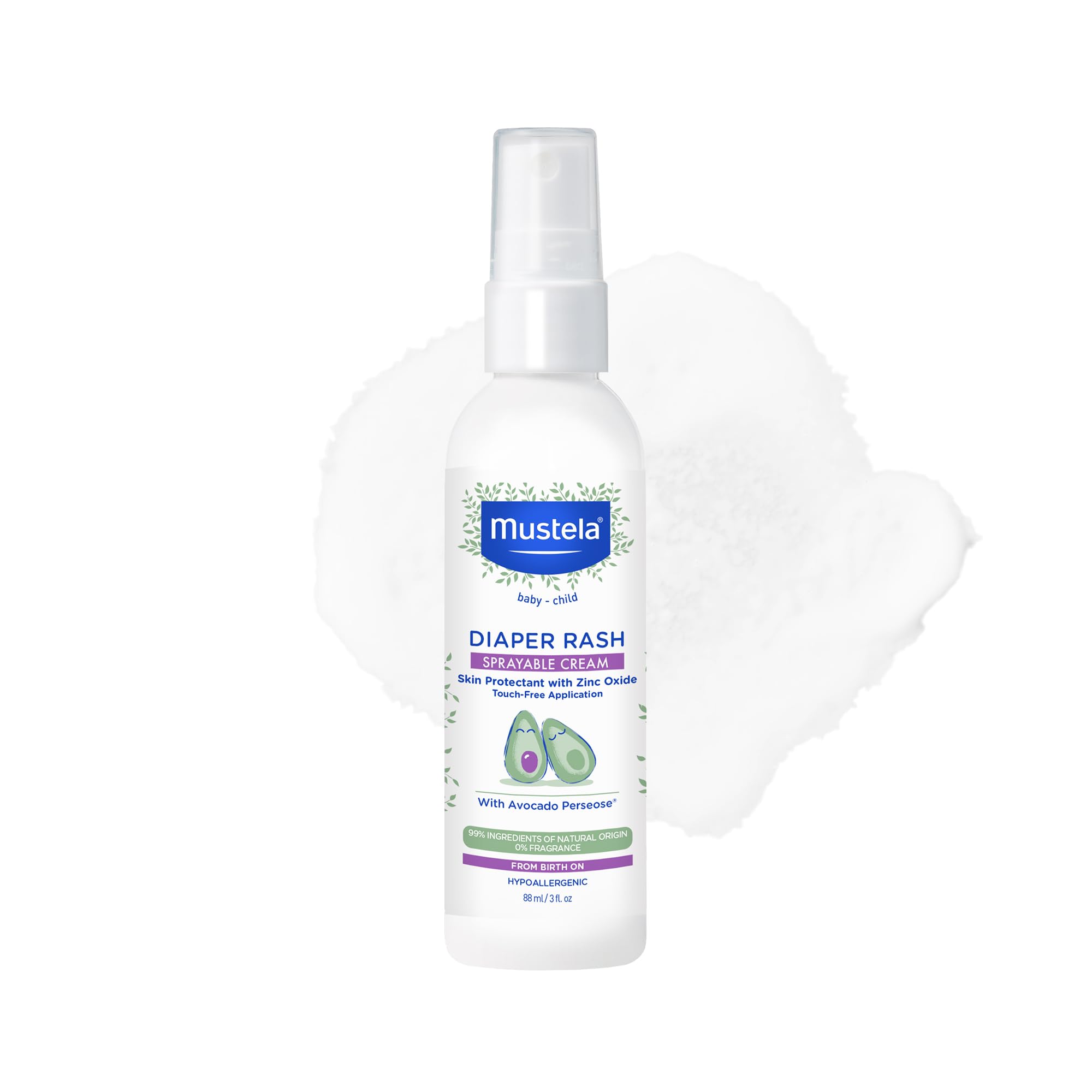Mustela baby diaper rash spray bottle shown for quick touch-free application