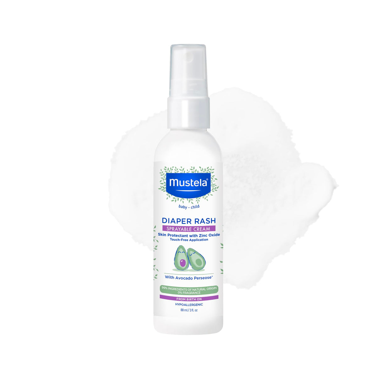 Mustela baby diaper rash spray bottle shown for quick touch-free application
