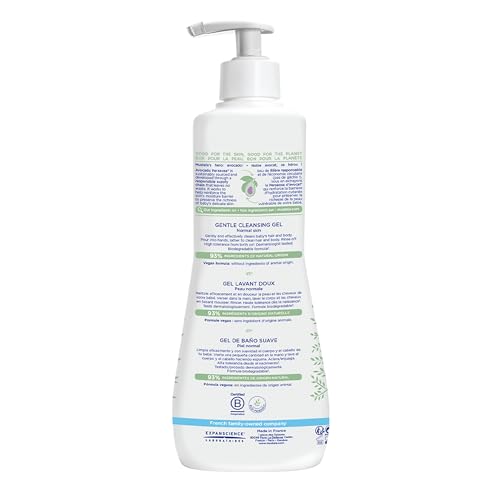 Mustela cleansing gel pump dispensing a mild lather for skin.
