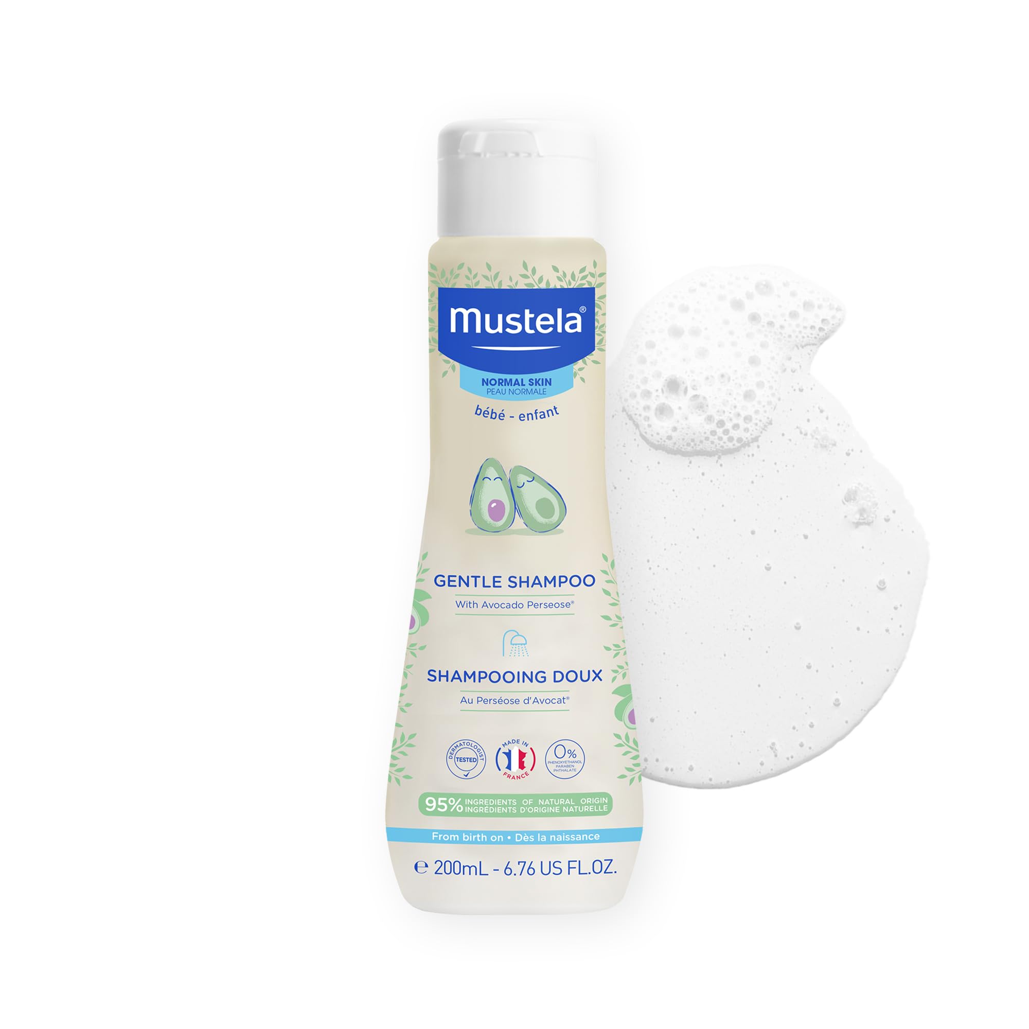 Mustela Baby Gentle Shampoo bottle pour, demonstrating easy daily use and tear-free cleansing.