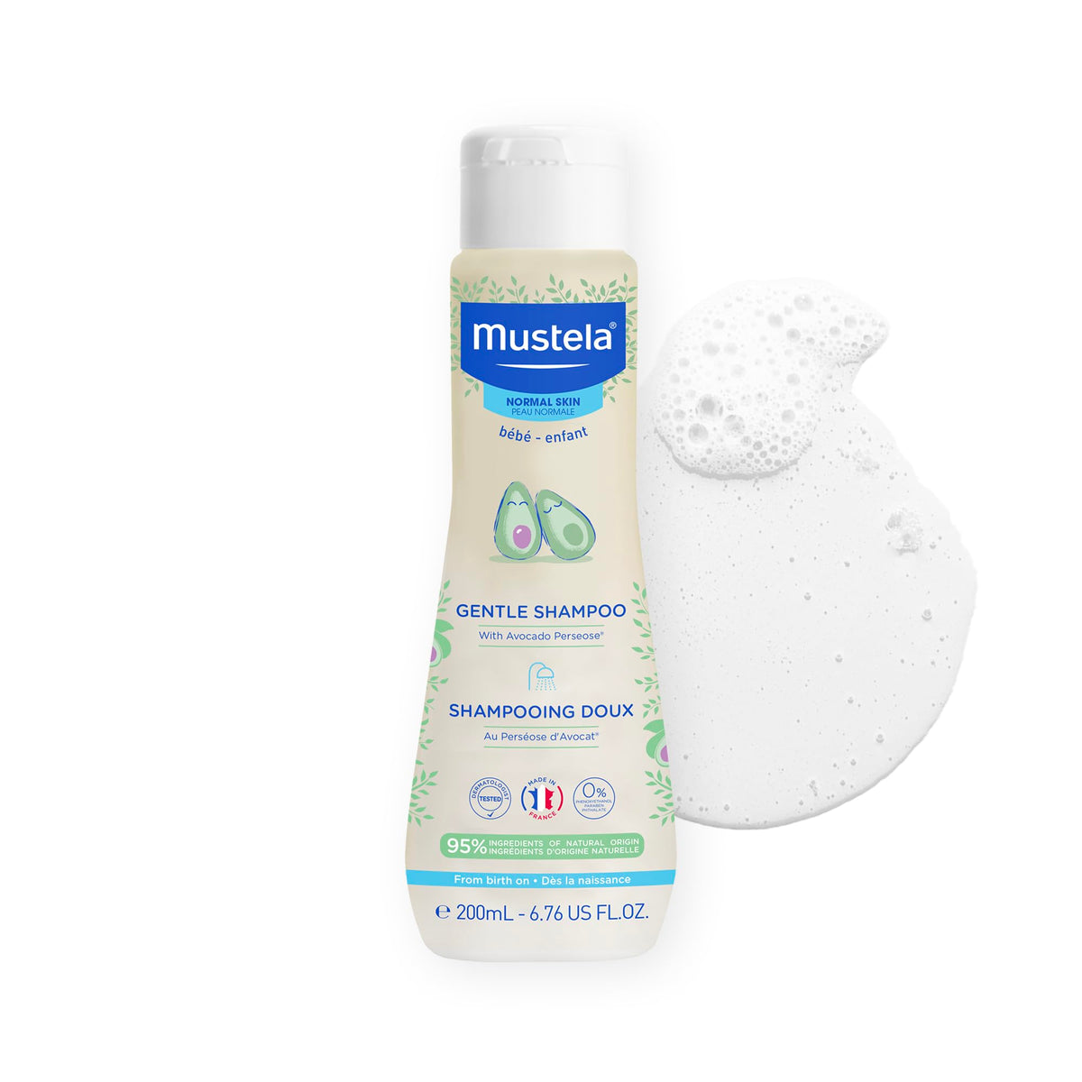 Mustela Baby Gentle Shampoo bottle pour, demonstrating easy daily use and tear-free cleansing.