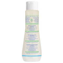 Mustela Baby Gentle Shampoo label closeup highlighting natural ingredients and gentle formula.