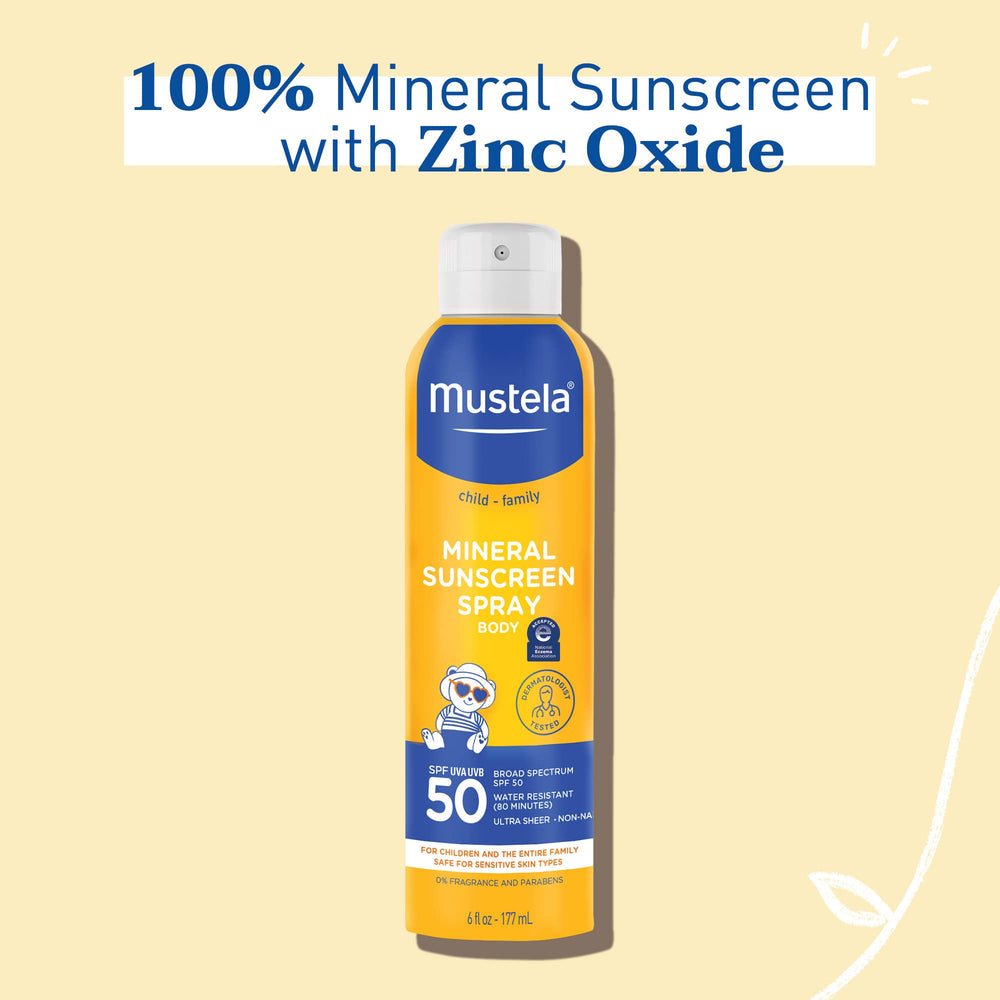 Mustela Baby Mineral Sunscreen Spray embossed label conveying clean ingredients