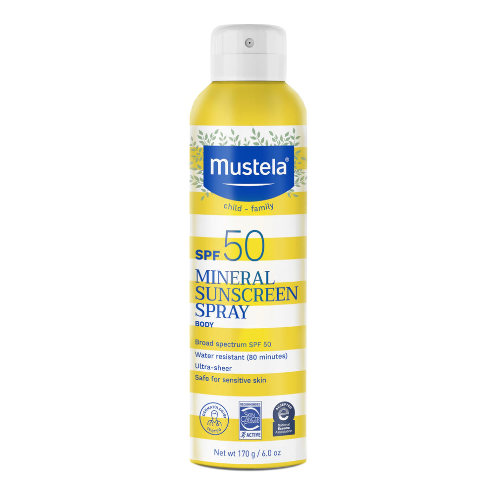 Mustela Baby Mineral Sunscreen Spray front view showing SPF 50 protection for delicate skin