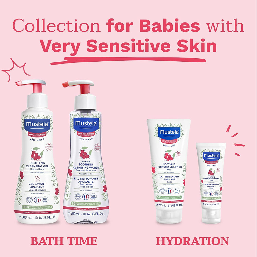 Mustela Baby Soothing Moisturizing Cream daily care on a baby's face scene.