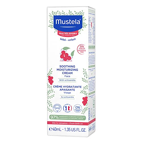 Mustela Baby Soothing Moisturizing Cream application on clean face demonstrates gentle daily moisture.