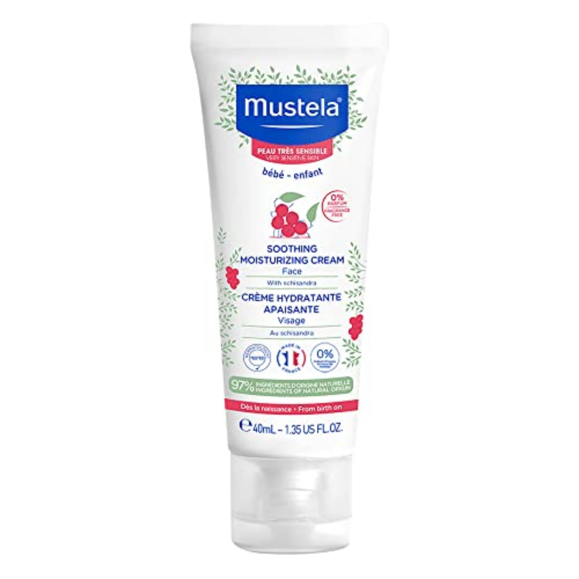 Mustela Baby Soothing Moisturizing Cream package highlights fragrance-free care for sensitive baby skin.