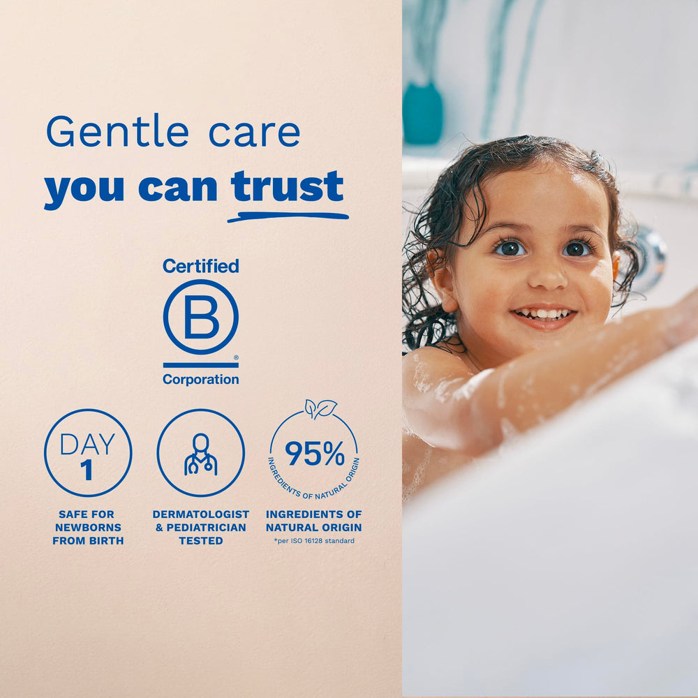 Mustela Baby bath time scene depicts gentle cleansing routine.